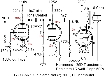 Dave Schmarder's 2 tube audio amplifier schematic
