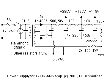 Dave Schmarder's 2 tube audio power supply amplifier schematic