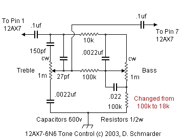Dave Schmarder's 2 tube audio amplifier tone circuit schematic