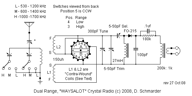 Dave's Homemade Radios, Crystal Set #75 - Pictorial Schematic