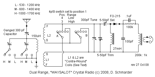 Dave's Homemade Radios, Crystal Set #75 - Schematic