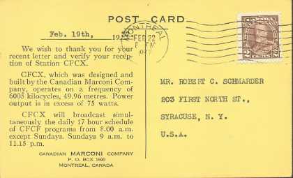 CFCX  Old Broadcast Band QSL Card
