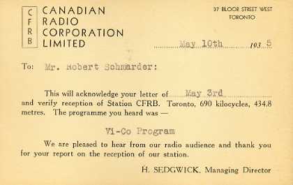 CFRB  Old Broadcast Band QSL Card