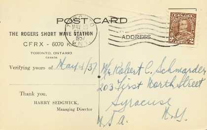 CFRX  Old Broadcast Band QSL Card