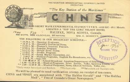CHNS  Old Broadcast Band QSL Card