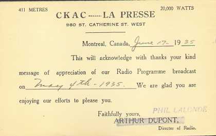 CKAC  Old Broadcast Band QSL Card