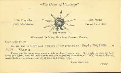 CKOC  Old Broadcast Band QSL Card