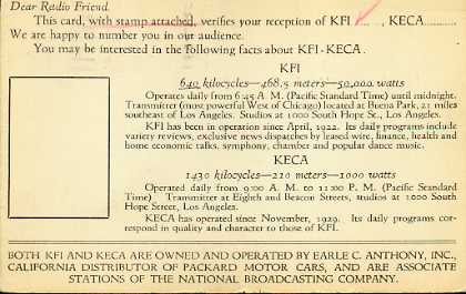  KFI Old Broadcast Band QSL Card