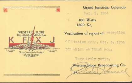 KFXJ  Old Broadcast Band QSL Card