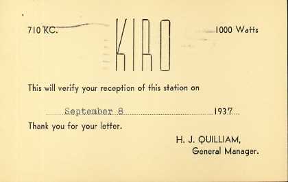 KIRO  Old Broadcast Band QSL Card