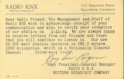 KNX  Old Broadcast Band QSL Card