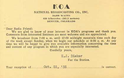 KOA  Old Broadcast Band QSL Card