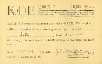 KOB  Old Broadcast Band QSL Card