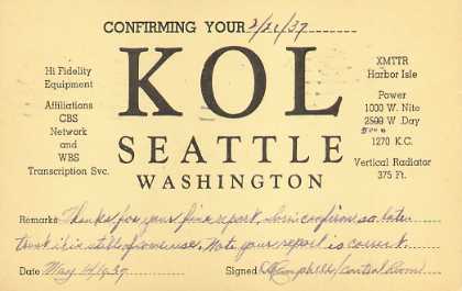 KOL  Old Broadcast Band QSL Card