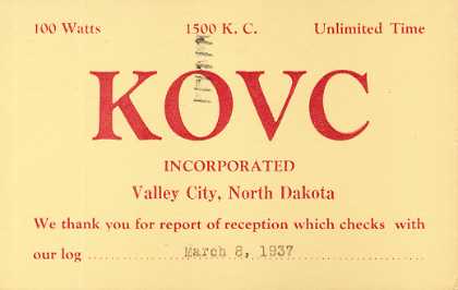 KOVC  Old Broadcast Band QSL Card