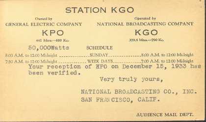 KPO  Old Broadcast Band QSL Card