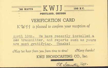 KWJJ  Old Broadcast Band QSL Card