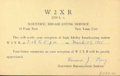 W2XR  Old Broadcast Band QSL Card