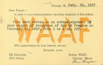 WAAF  Old Broadcast Band QSL Card