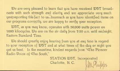 WBT  Old Broadcast Band QSL Card