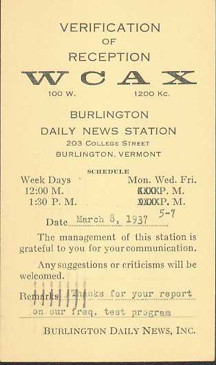 WCAX  Old Broadcast Band QSL Card
