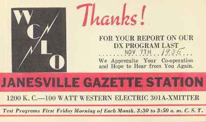 WCLO  Old Broadcast Band QSL Card