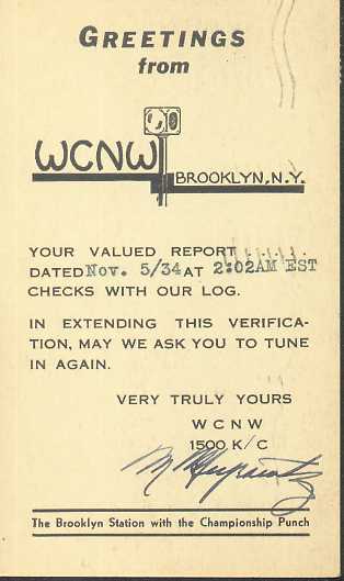 WCNW  Old Broadcast Band QSL Card