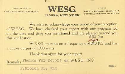 WESG  Old Broadcast Band QSL Card