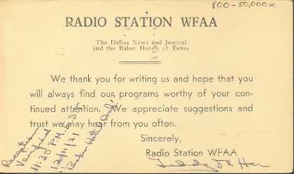 WFAA  Old Broadcast Band QSL Card