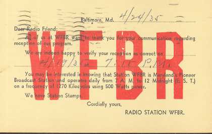 WFBR  Old Broadcast Band QSL Card