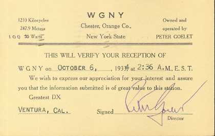 WGNY  Old Broadcast Band QSL Card
