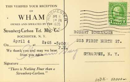 WHAM  Old Broadcast Band QSL Card