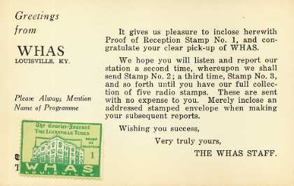 WHAS  Old Broadcast Band QSL Card