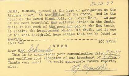 WHBB  Old Broadcast Band QSL Card