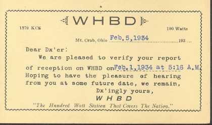 WHBD  Old Broadcast Band QSL Card