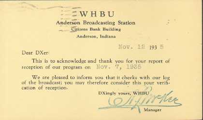 WHBU  Old Broadcast Band QSL Card