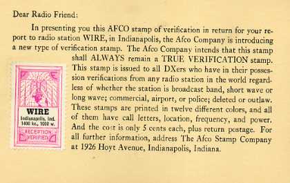 WIRE  Old Broadcast Band QSL Card