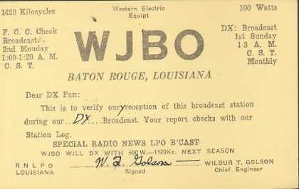 WJBO  Old Broadcast Band QSL Card