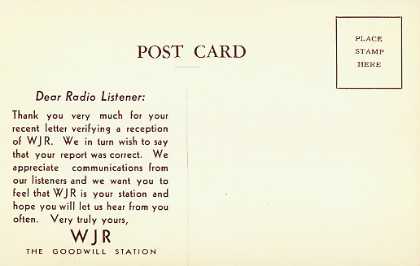 WJR  Old Broadcast Band QSL Card