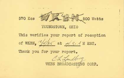 WKBN  Old Broadcast Band QSL Card