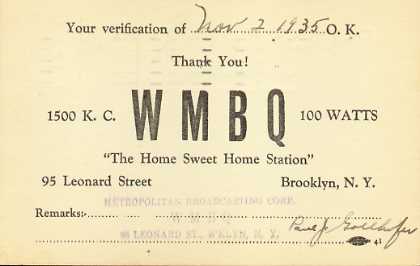 WMBQ  Old Broadcast Band QSL Card