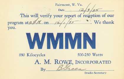 WMMN  Old Broadcast Band QSL Card