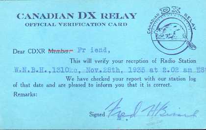 WNBH  Old Broadcast Band QSL Card