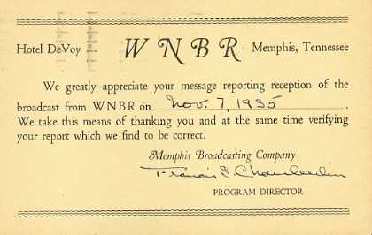 WNBR  Old Broadcast Band QSL Card