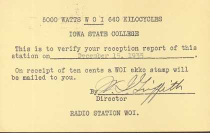 WOI  Old Broadcast Band QSL Card
