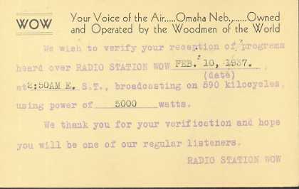 WOW  Old Broadcast Band QSL Card