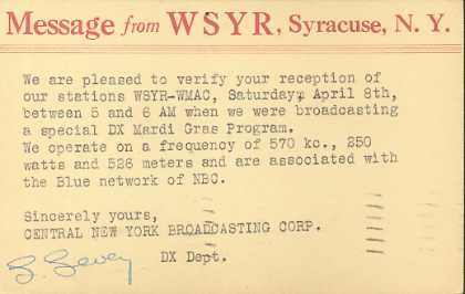 WSYR  Old Broadcast Band QSL Card