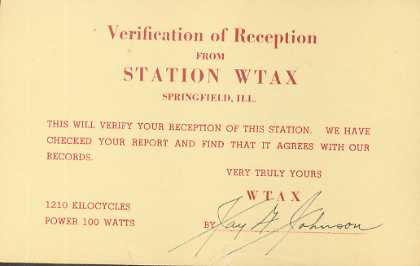 WTAX  Old Broadcast Band QSL Card