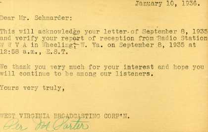 WWVA  Old Broadcast Band QSL Card