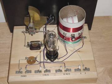 Looking down at the one triode tube regenerative radio.